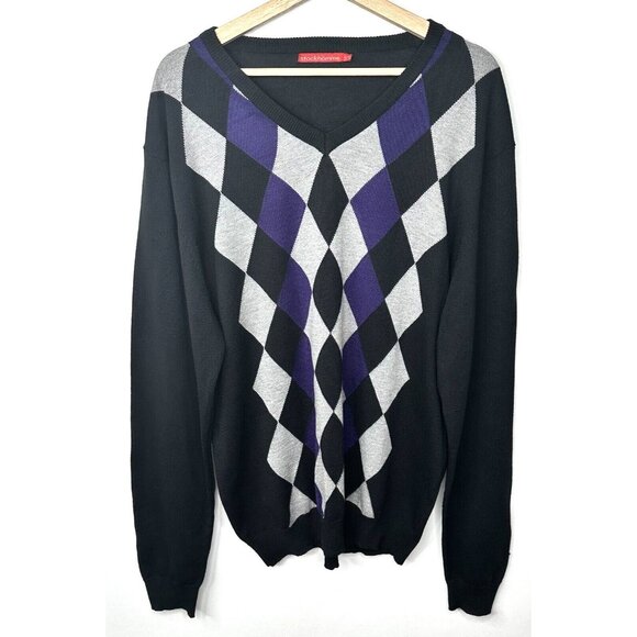 Stockhomme Mens Argyle Sweater V Neck Pullover Acrylic Black Gray Purple Size XL - Picture 1 of 11